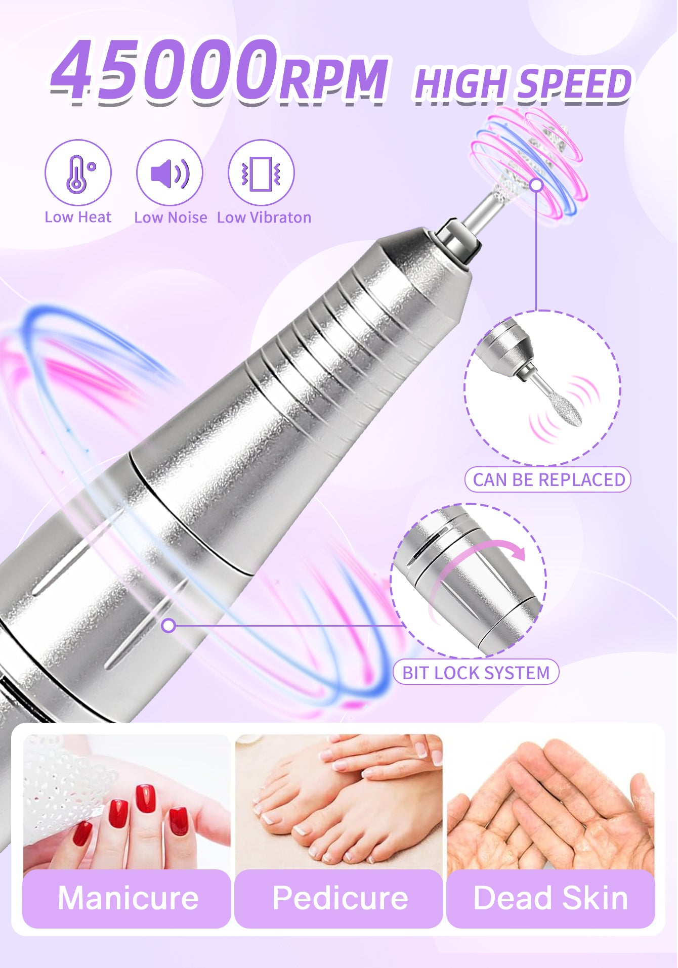 45000RPM Electric Nail Drill Machine Professional Nail Drills for Gel Nails Polish Rechargeable Portable Nail File Manicure Tool