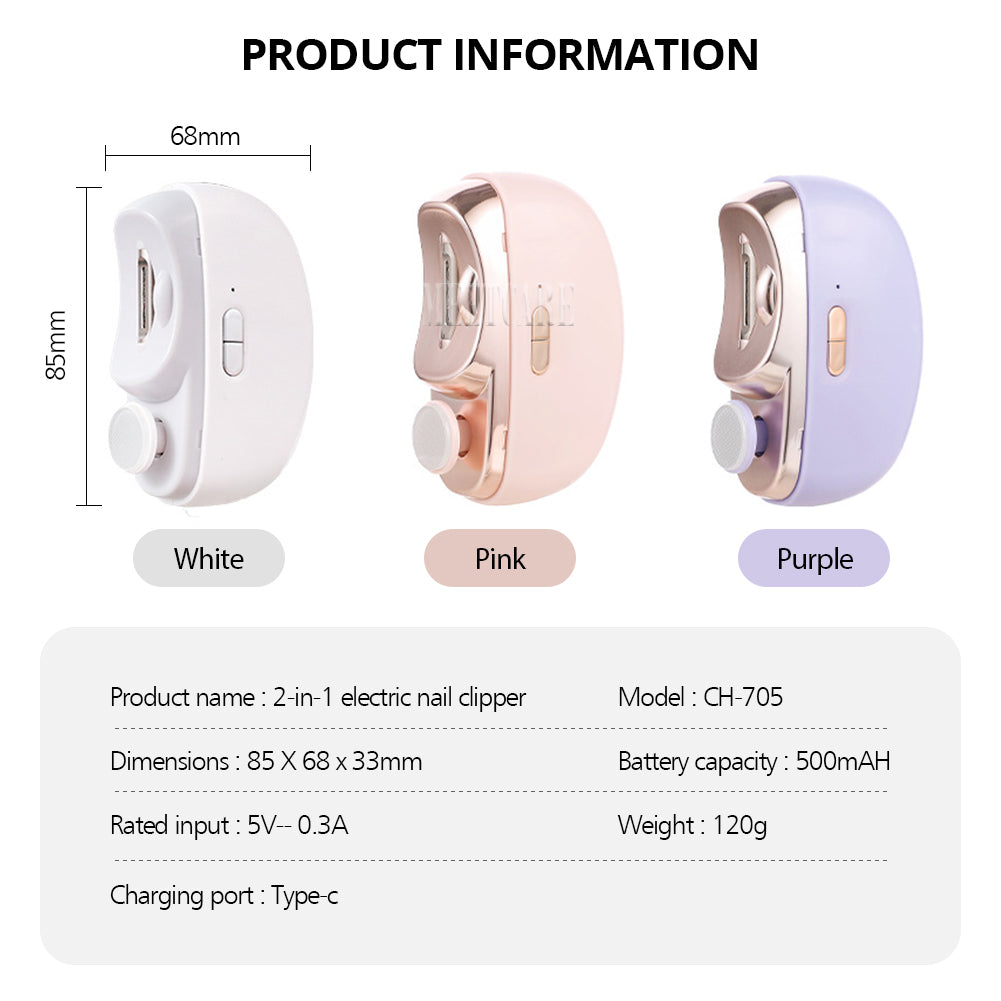 Electric Nail Clipper Grinding and Polishing with Light Automatic Nail Trimmer Rechargeable Nail Cutter Manicure for Baby Adult
