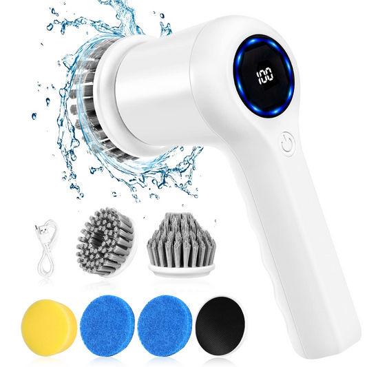 Electric Spin Scrubber, Cordless Electric Shower Scrubber with Digital Display and 5 Replaceable Heads, 2 Adjustable Speeds,Cleaning Brush for Bathtub, Floor, Tile, Window