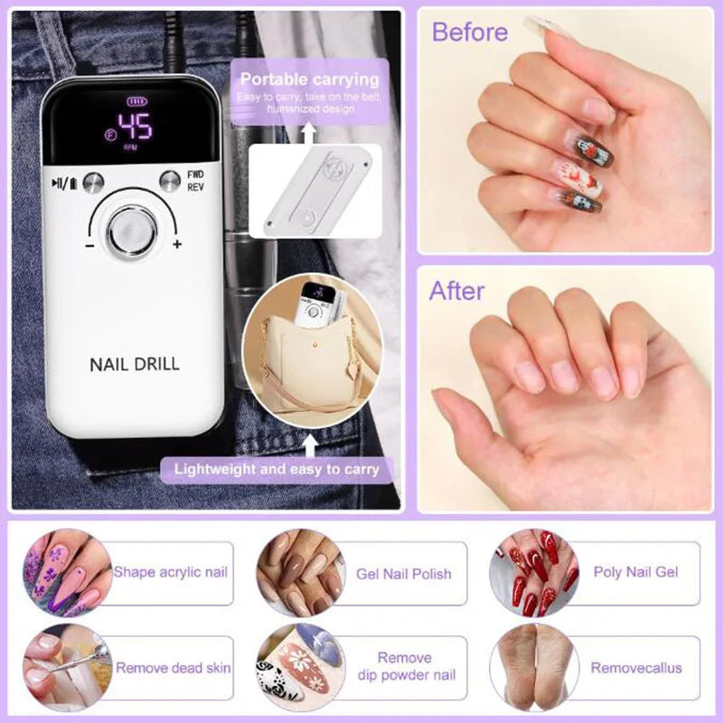 45000RPM Electric Nail Drill Machine Professional Nail Drills for Gel Nails Polish Rechargeable Portable Nail File Manicure Tool