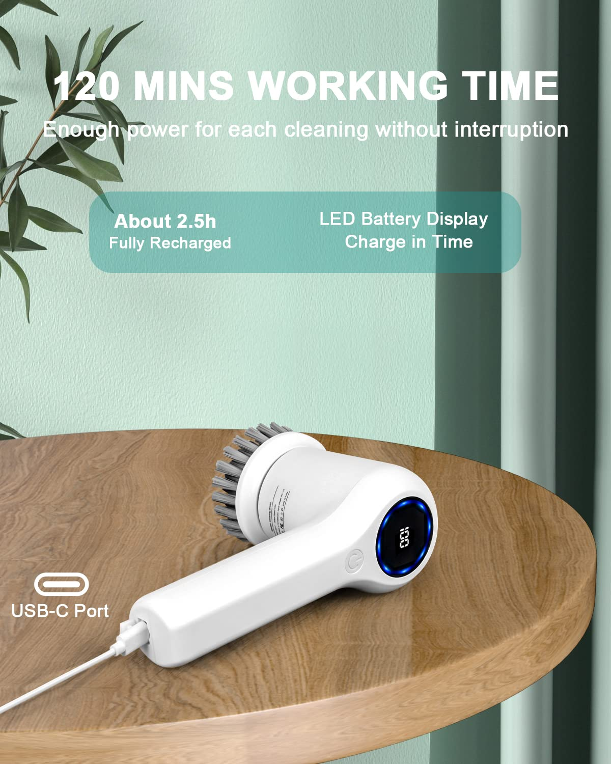 Electric Spin Scrubber, Cordless Electric Shower Scrubber with Digital Display and 5 Replaceable Heads, 2 Adjustable Speeds,Cleaning Brush for Bathtub, Floor, Tile, Window