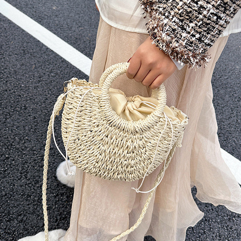 Handwoven Straw Rattan Half-Moon Beach Handbag Women Summer Hollow Out Crossbody Shoulder Bag