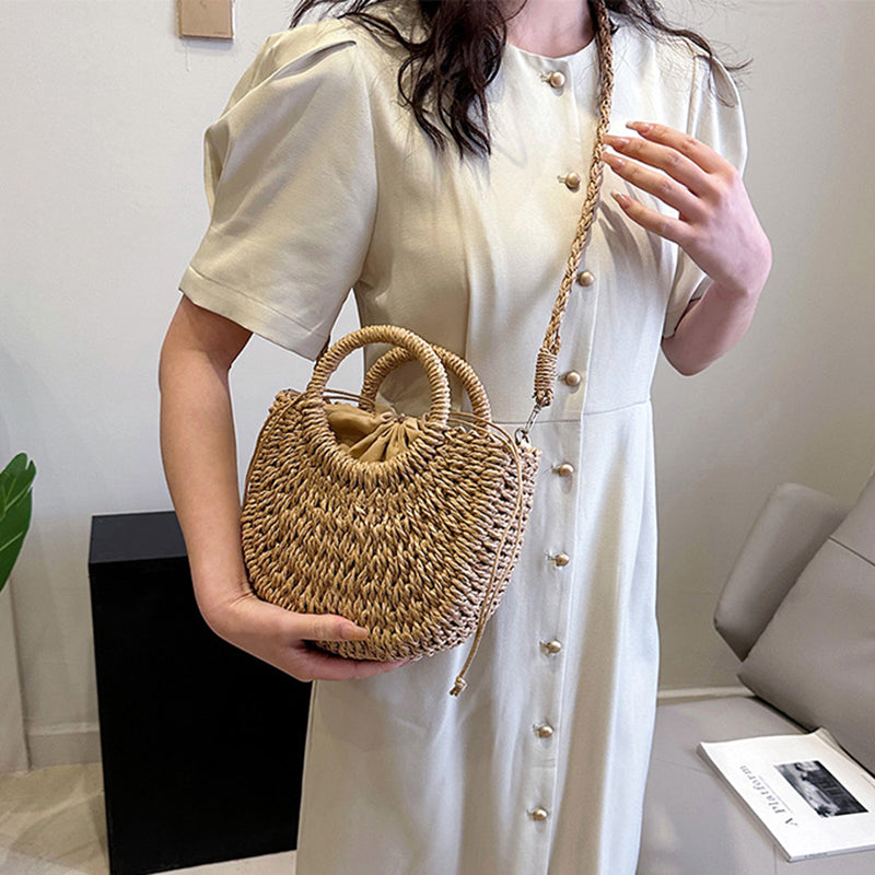 Handwoven Straw Rattan Half-Moon Beach Handbag Women Summer Hollow Out Crossbody Shoulder Bag