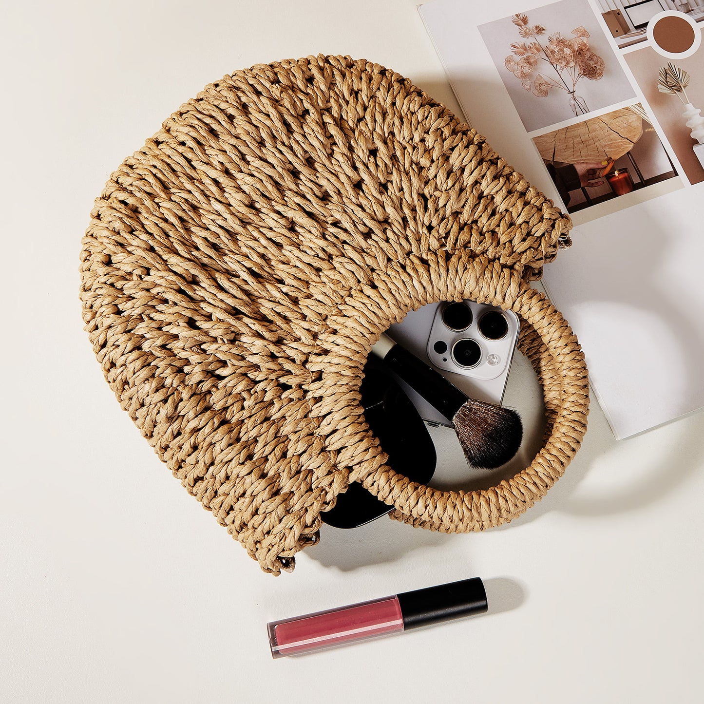 Handwoven Straw Rattan Half-Moon Beach Handbag Women Summer Hollow Out Crossbody Shoulder Bag