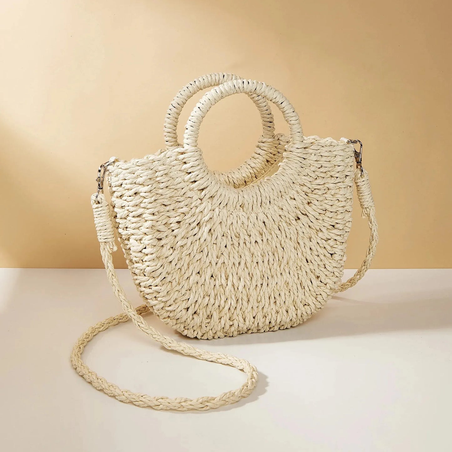 Handwoven Straw Rattan Half-Moon Beach Handbag Women Summer Hollow Out Crossbody Shoulder Bag