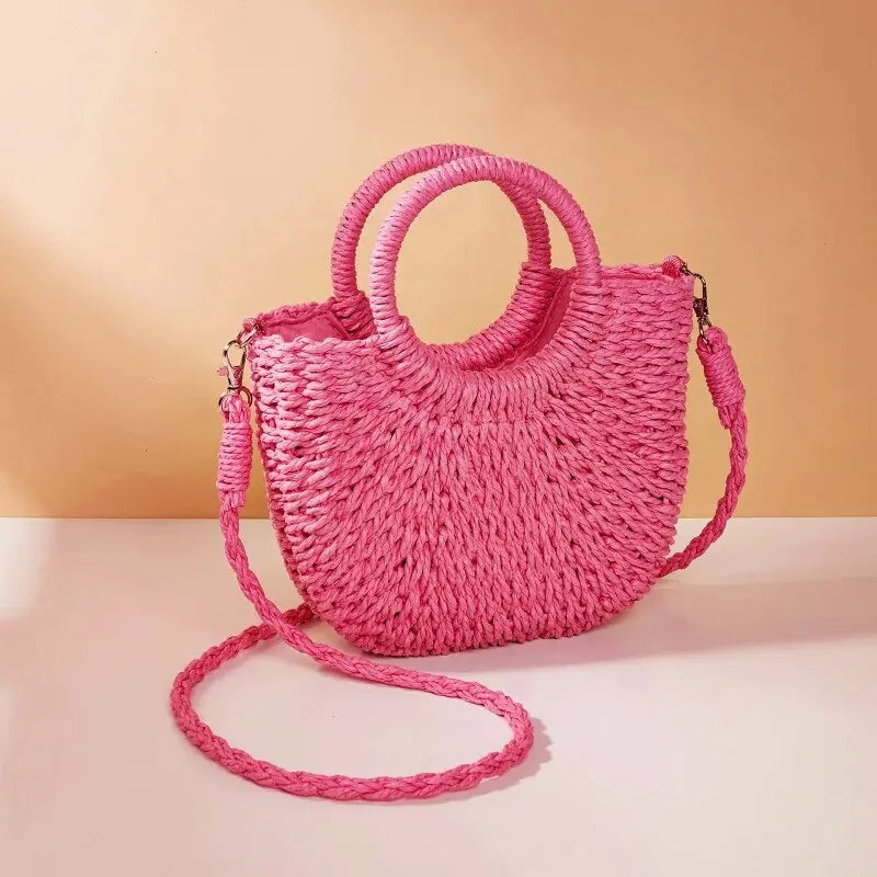 Handwoven Straw Rattan Half-Moon Beach Handbag Women Summer Hollow Out Crossbody Shoulder Bag