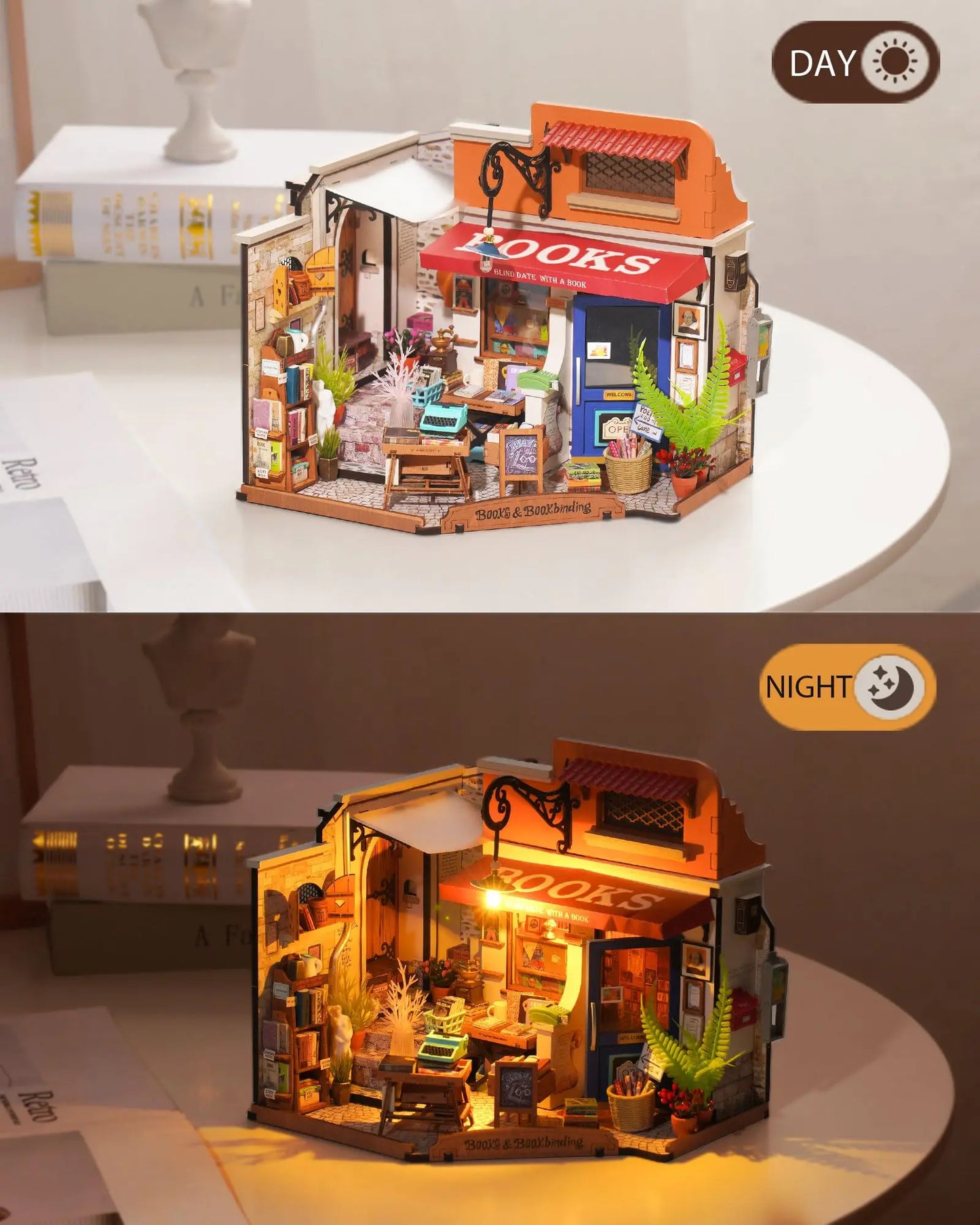 Corner Bookstore Miniature House Kit DIY Dollhouse 3D Assembly Toys