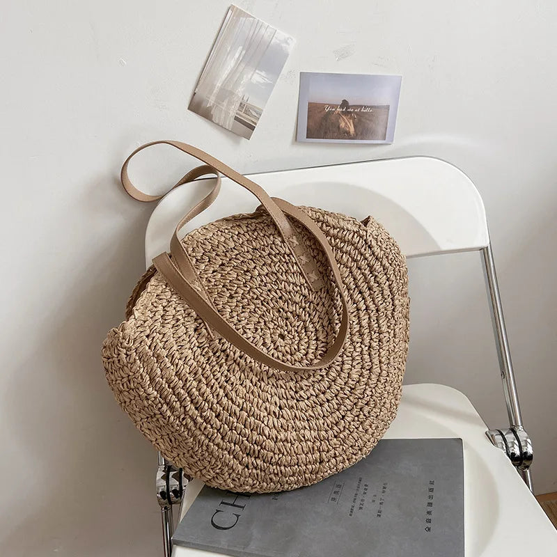 Summer Round Straw Bags for Women Rattan Shoulder Bag Travel Handmade Woven Beach Totes Bag