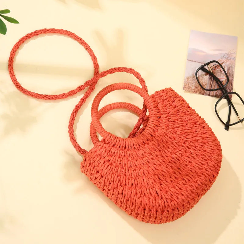 Handwoven Straw Rattan Half-Moon Beach Handbag Women Summer Hollow Out Crossbody Shoulder Bag