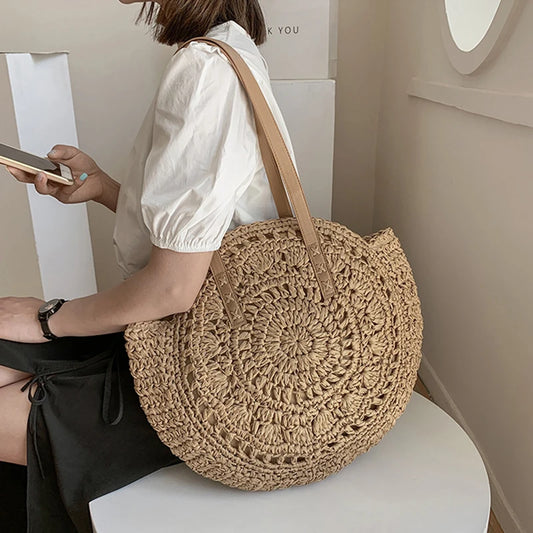 Summer Round Straw Bags for Women Rattan Shoulder Bag Travel Handmade Woven Beach Totes Bag