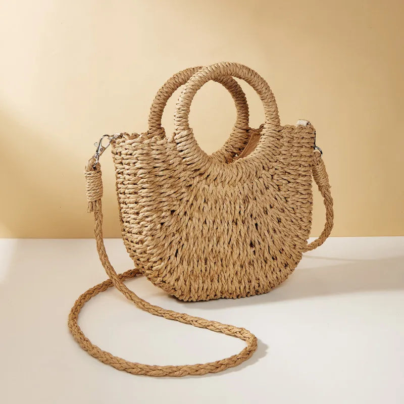 Handwoven Straw Rattan Half-Moon Beach Handbag Women Summer Hollow Out Crossbody Shoulder Bag