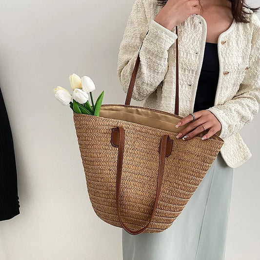 Women's Large Capacity Shoulder Bag Summer Straw Woven Basket Handbag Fashionable Women's Beach Tote Bag