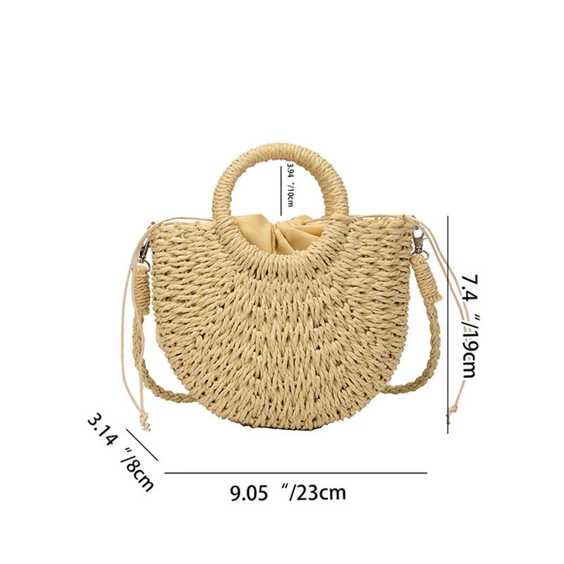 Handwoven Straw Rattan Half-Moon Beach Handbag Women Summer Hollow Out Crossbody Shoulder Bag