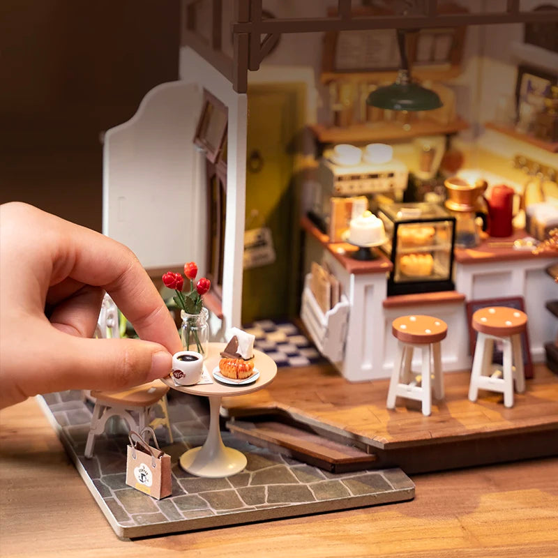 Café Miniature House Kit DIY Dollhouse 3D Wooden Assembly Building Toys