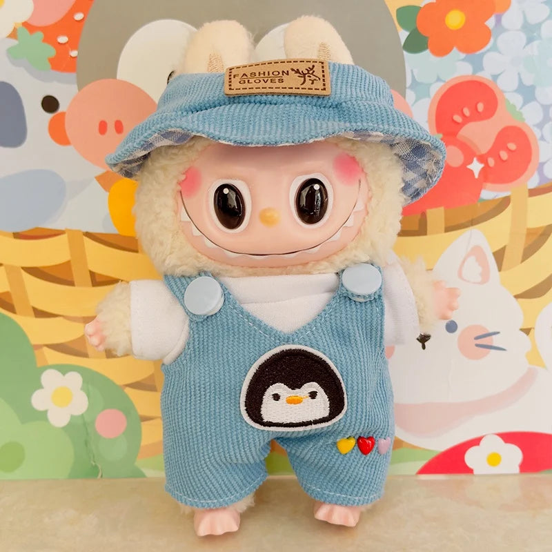 For 17cm Labubu Doll Fashion Set Cute White Shirt Hat Animal Overalls Doll Clothes Accessory Gift