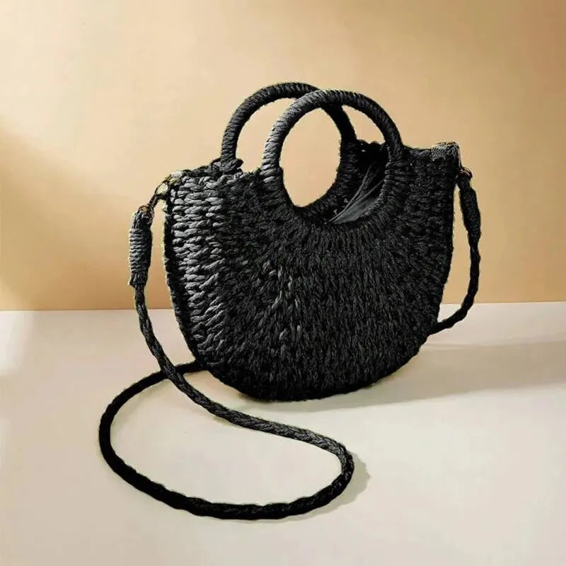 Handwoven Straw Rattan Half-Moon Beach Handbag Women Summer Hollow Out Crossbody Shoulder Bag