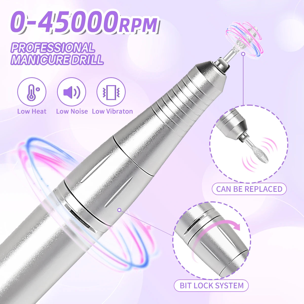 45000RPM Electric Nail Drill Machine Professional Nail Drills for Gel Nails Polish Rechargeable Portable Nail File Manicure Tool