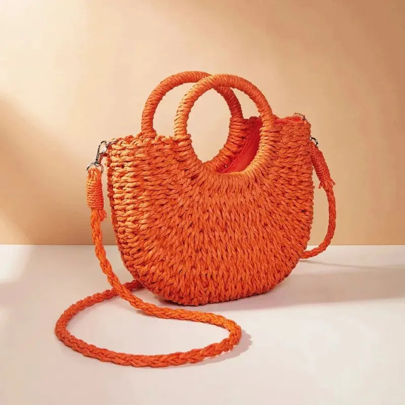 Handwoven Straw Rattan Half-Moon Beach Handbag Women Summer Hollow Out Crossbody Shoulder Bag