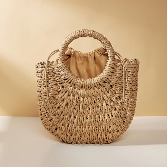 Handwoven Straw Rattan Half-Moon Beach Handbag Women Summer Hollow Out Crossbody Shoulder Bag