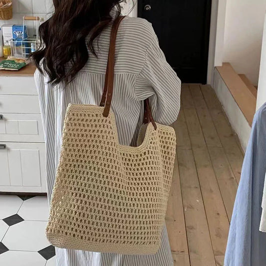 Crochet Tote Bag Knitted Shoulder Shopping Bag for Women Vintage Cotton Cloth Shopper Bag Female Handbag