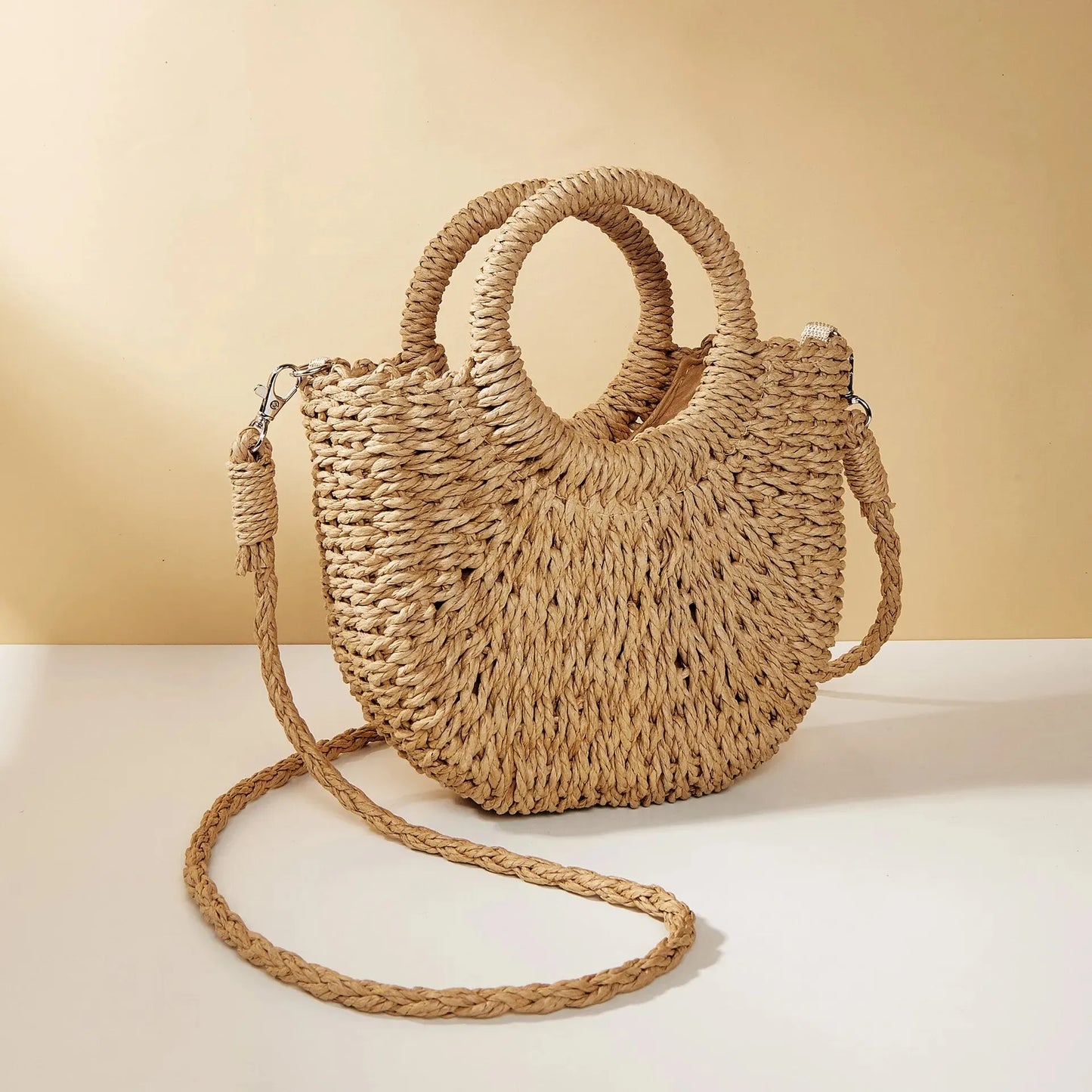 Handwoven Straw Rattan Half-Moon Beach Handbag Women Summer Hollow Out Crossbody Shoulder Bag