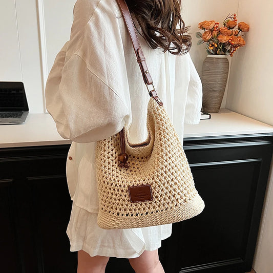 Crochet Tote Bag Summer Beach Bag Women Handmade Woven Shoulder Bag Straw Bag Bohemian Casual Travel Handbag