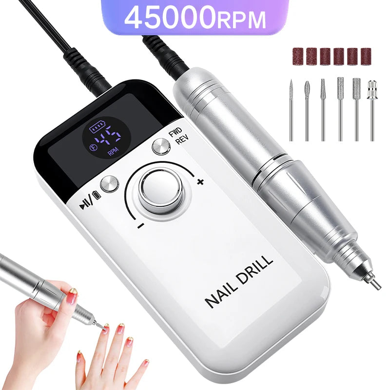 45000RPM Electric Nail Drill Machine Professional Nail Drills for Gel Nails Polish Rechargeable Portable Nail File Manicure Tool