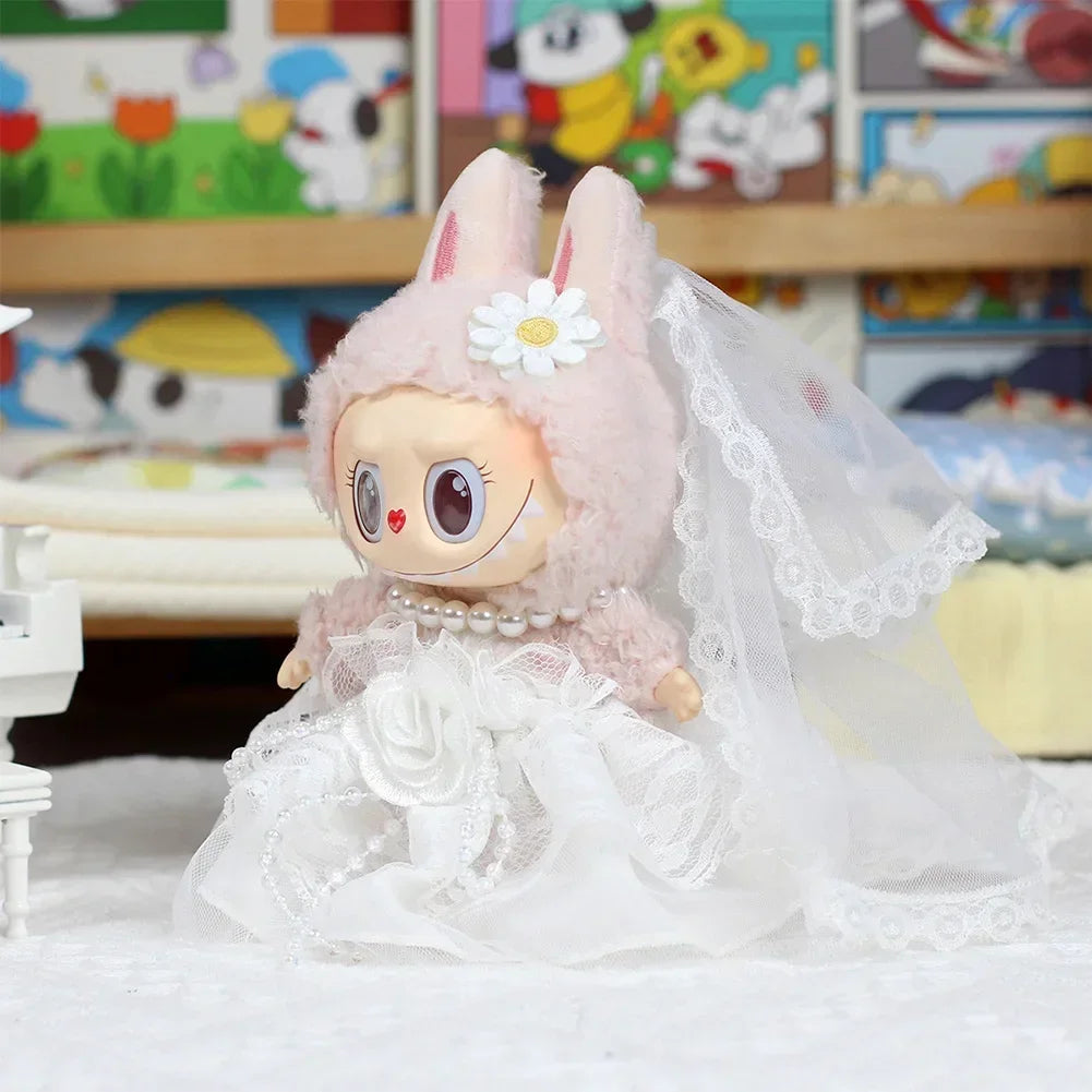 For 17cm Labubu Baby Clothes Vinyl Pendant Outfit Wedding Dress Heart Macaron for Labubu Clothes