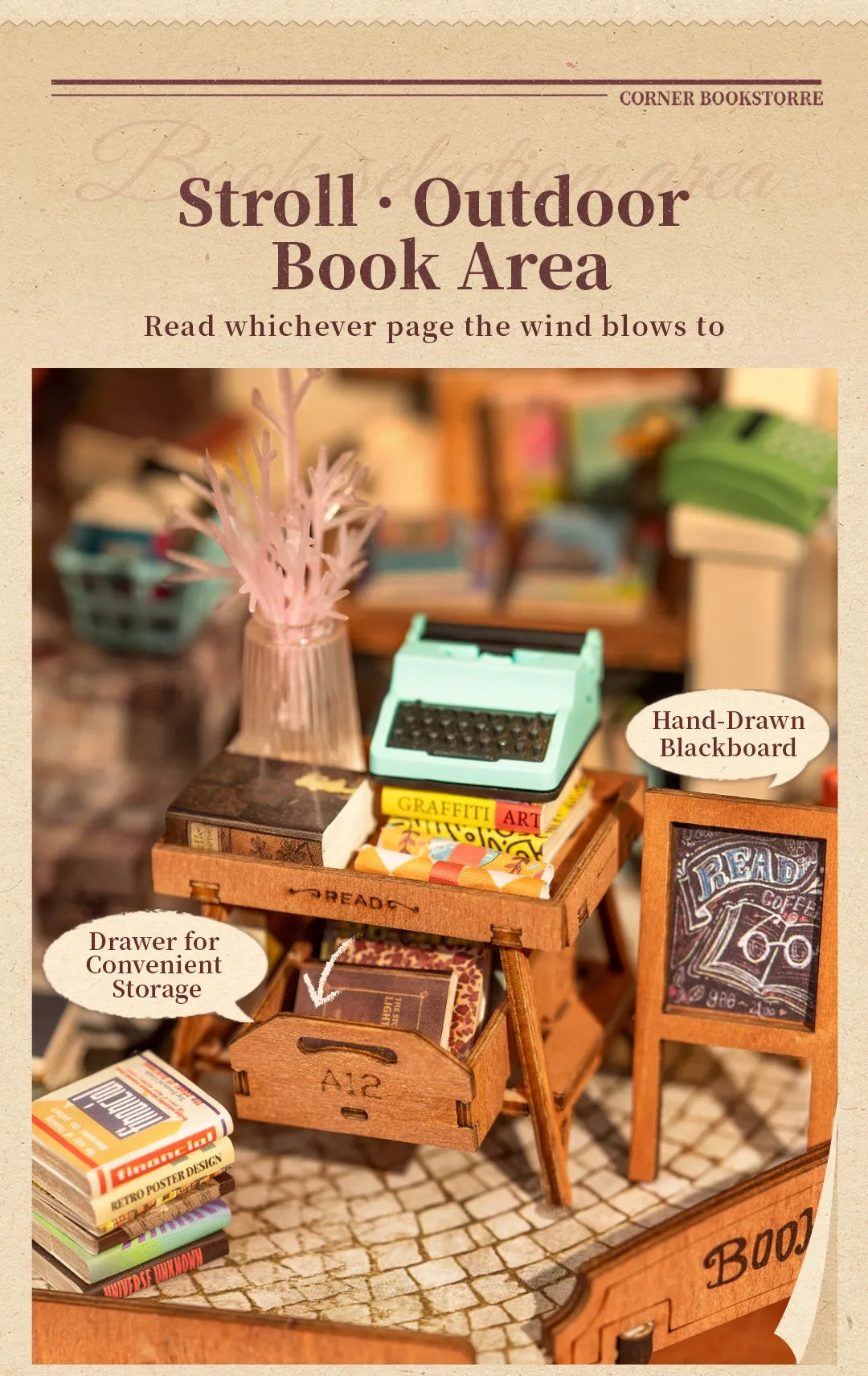 Corner Bookstore Miniature House Kit DIY Dollhouse 3D Assembly Toys