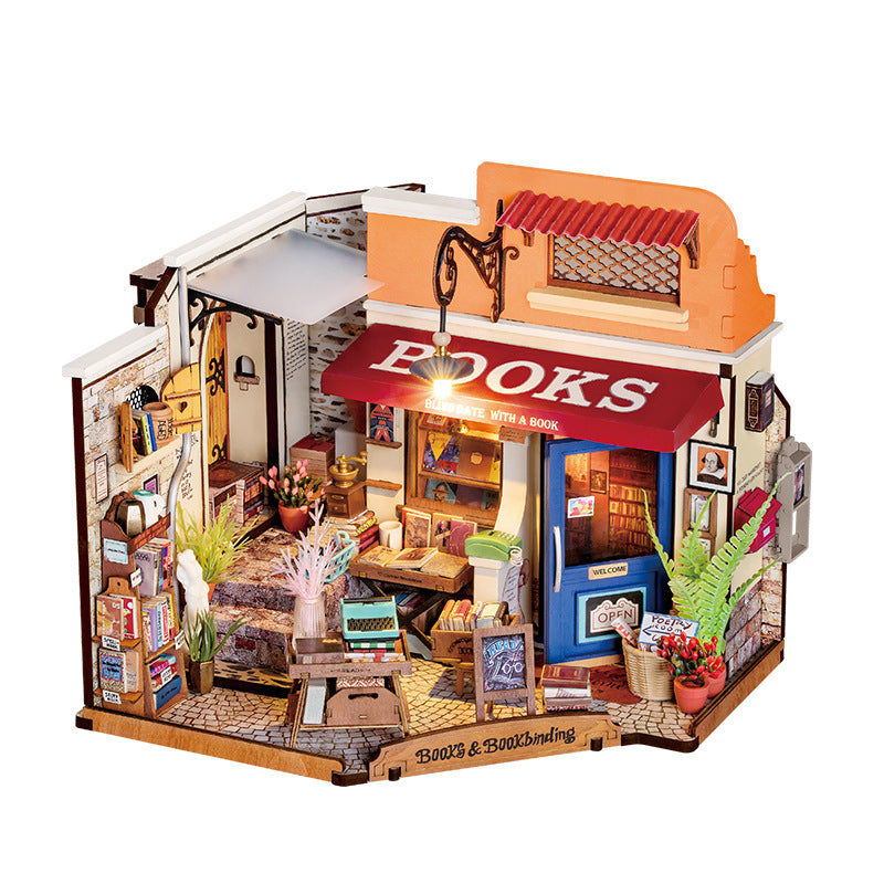 Corner Bookstore Miniature House Kit DIY Dollhouse 3D Assembly Toys