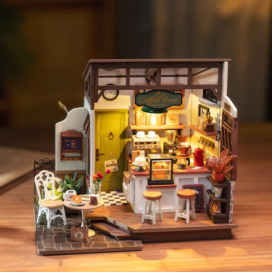 Café Miniature House Kit DIY Dollhouse  3D Wooden Assembly Building Toys
