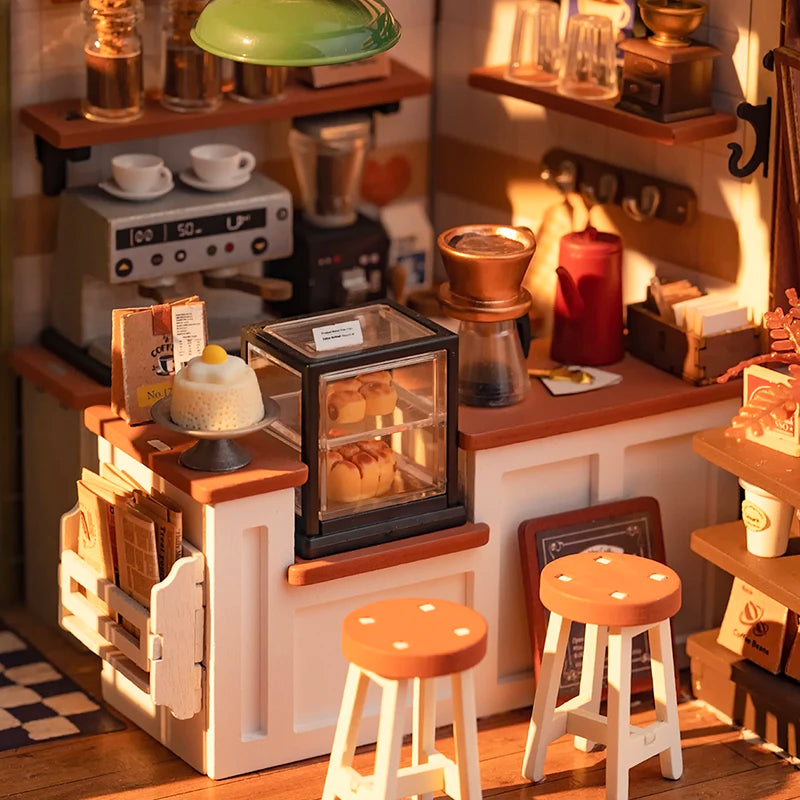 Café Miniature House Kit DIY Dollhouse  3D Wooden Assembly Building Toys