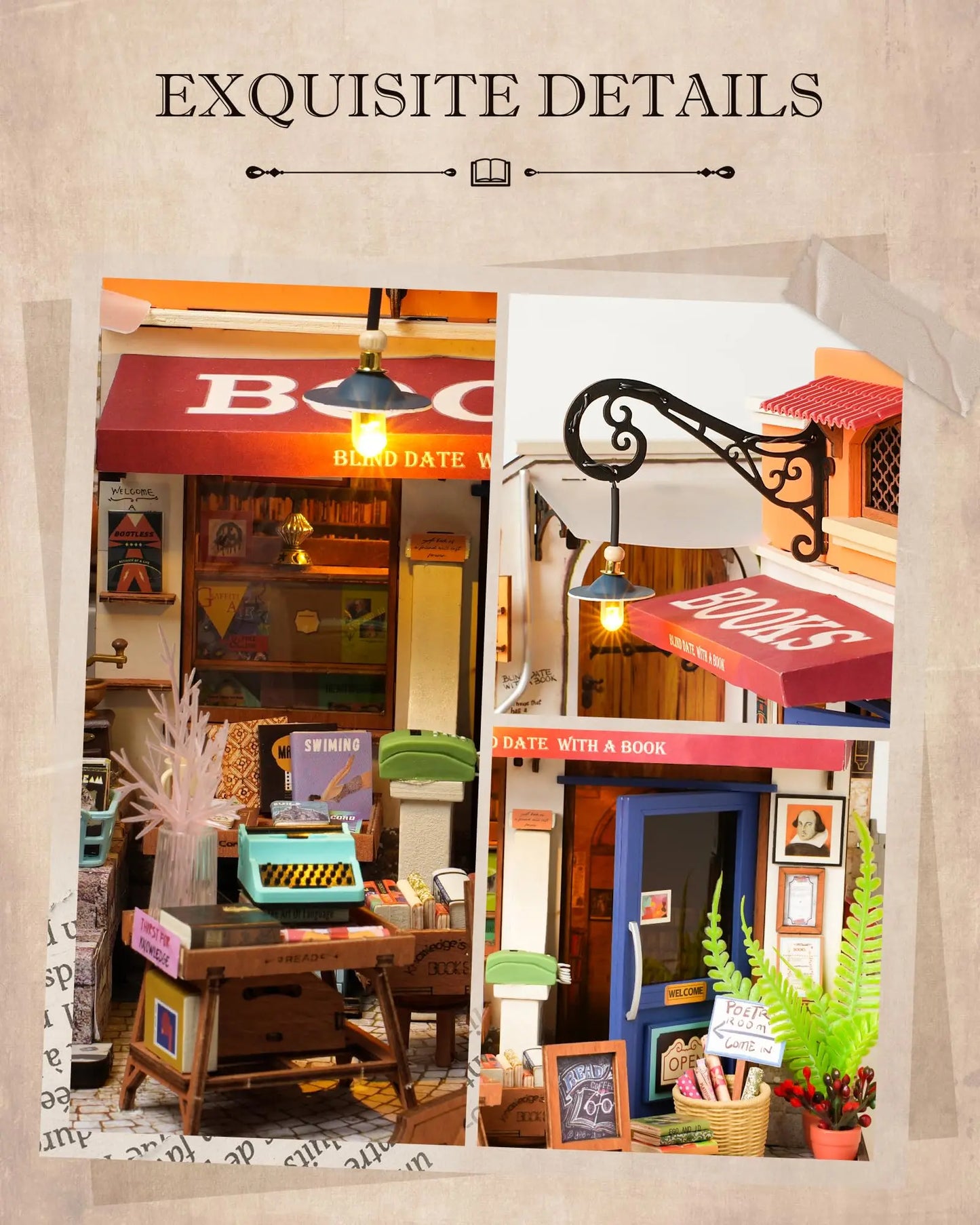 Corner Bookstore Miniature House Kit DIY Dollhouse 3D Assembly Toys