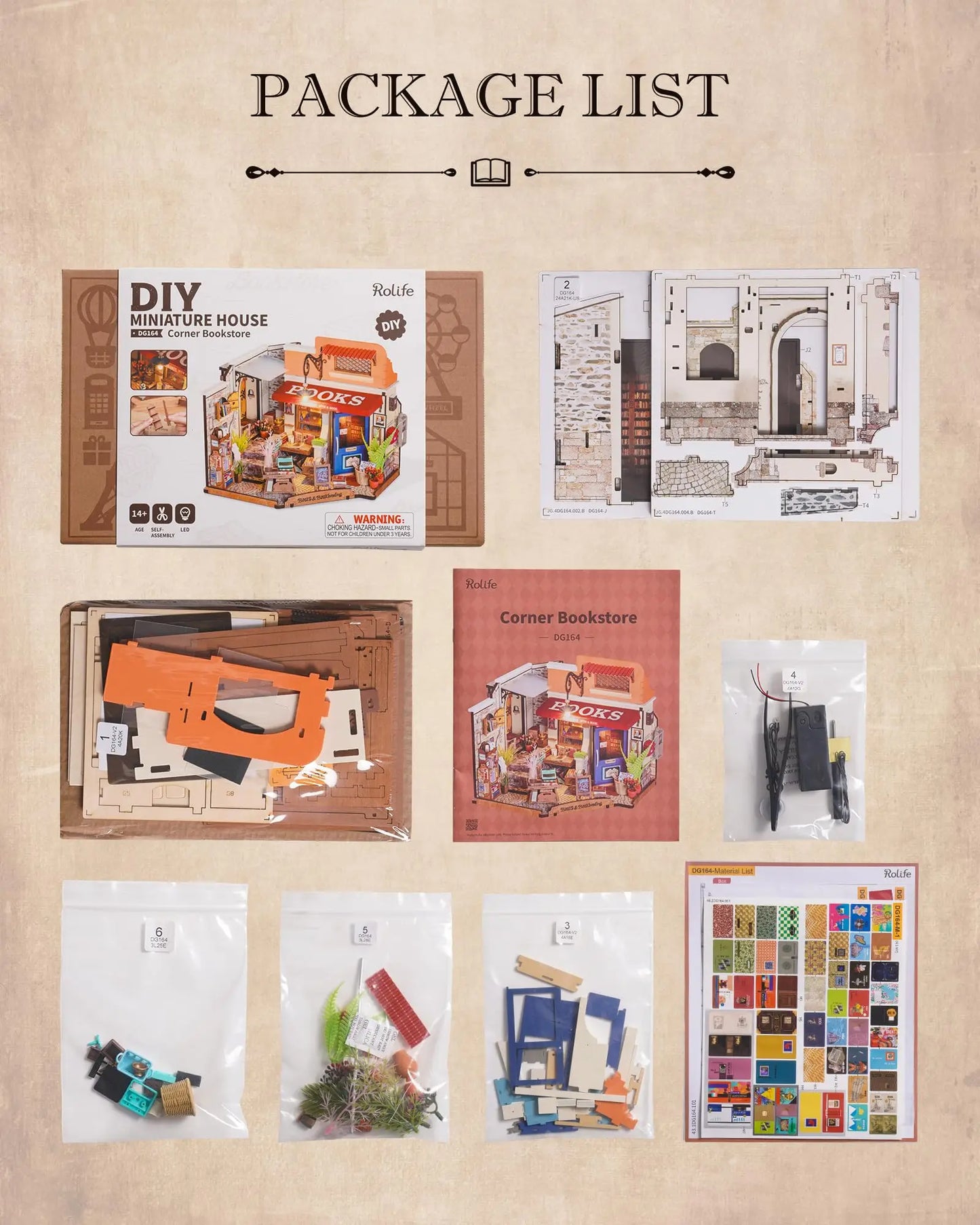 Corner Bookstore Miniature House Kit DIY Dollhouse 3D Assembly Toys