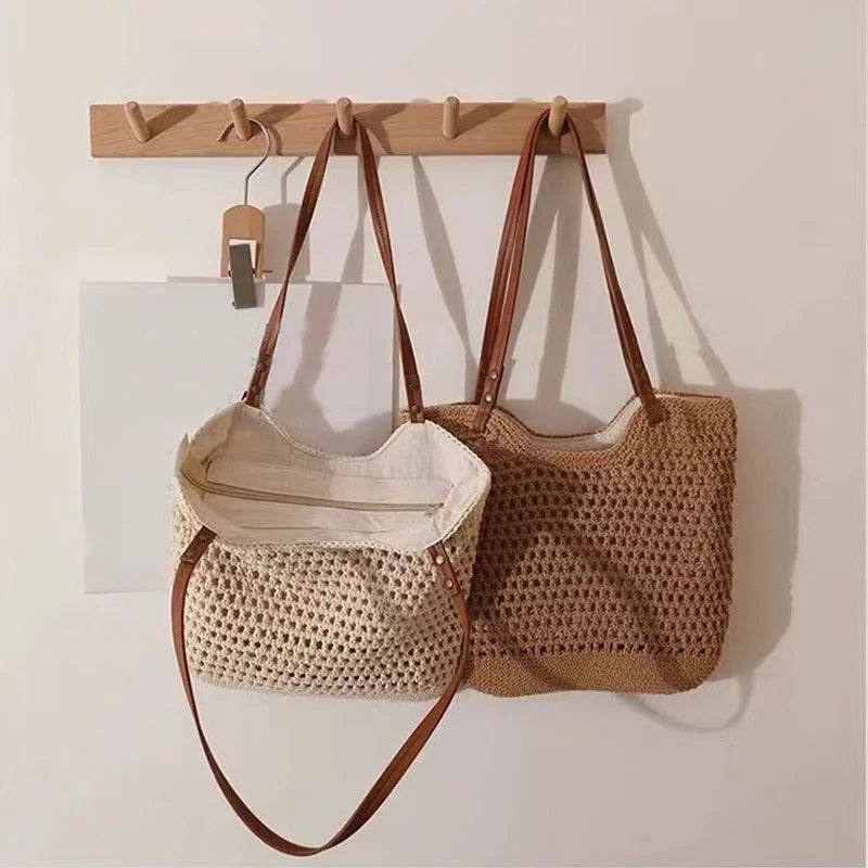 Túi Tote Đan Móc Túi Đeo Vai Đan Cho Nữ Túi Mua Sắm Vải Bông Cổ Điển Túi Xách Tay Nữ